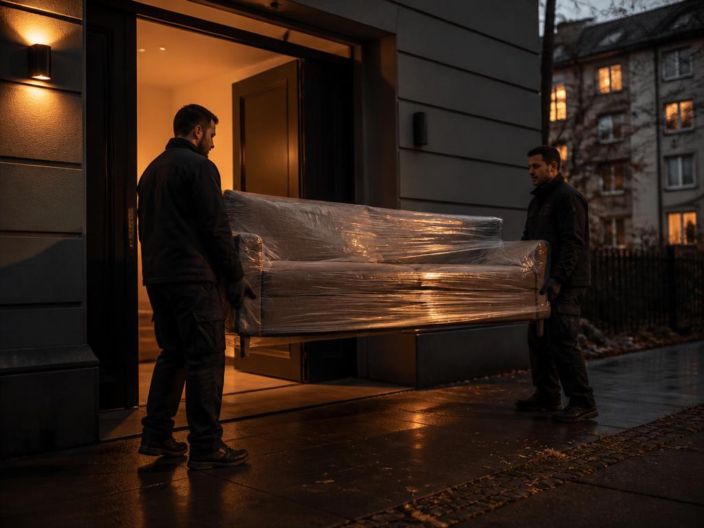 Zwei Umzugshelfer tragen ein verpacktes Sofa